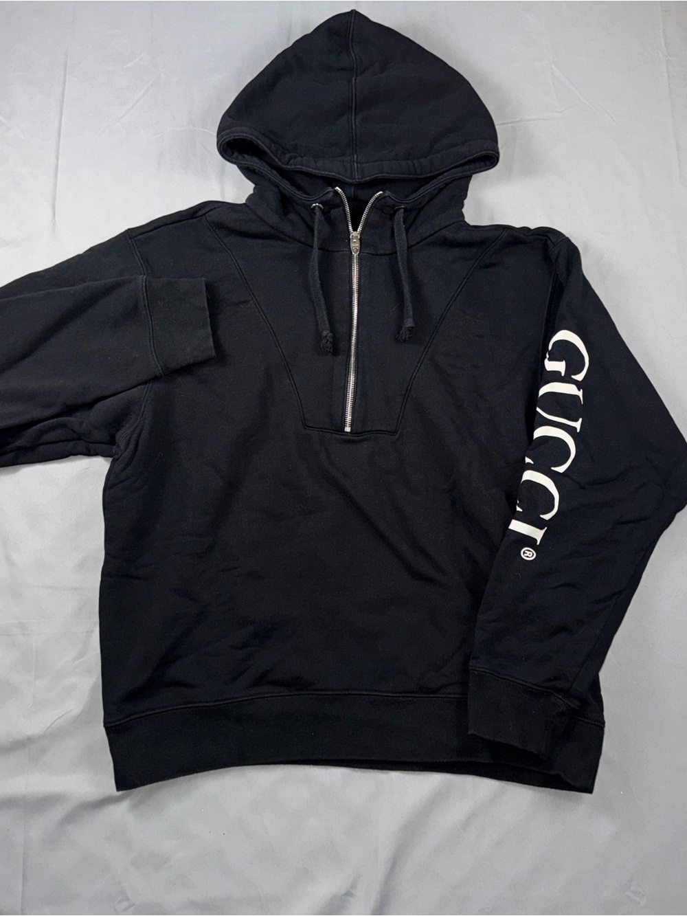 Gucci Hoodie Mens XS Black Half Zip Logo Sleeve Pullover Made In Italy Cotton